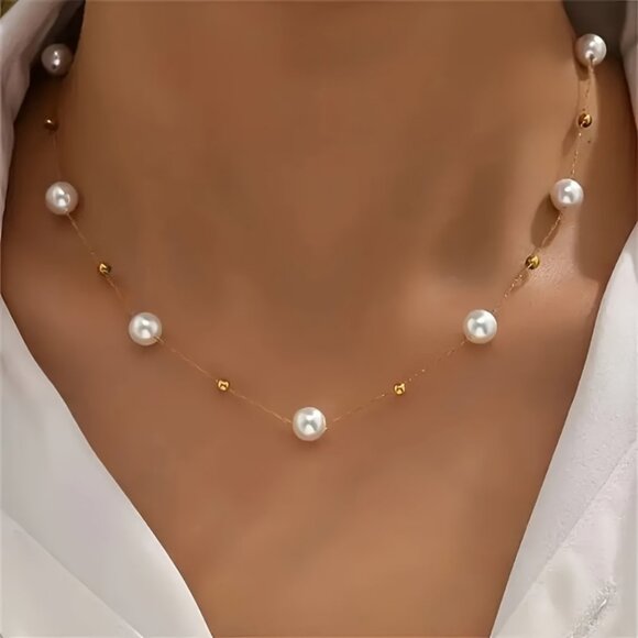 3/$35 Sheer Line Chain Faux Pearl & Gold Bead Floating Choker Necklace Jewelry - Picture 7 of 7